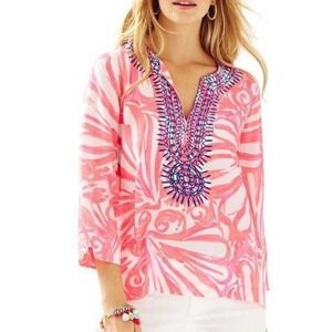 Lilly Pulitzer Amelia Island Silk Tunic Blouse Women's L Vibrant Pink White
